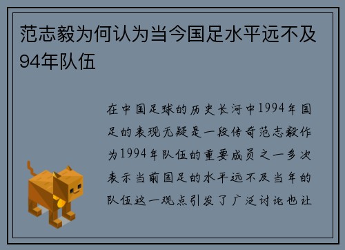 范志毅为何认为当今国足水平远不及94年队伍