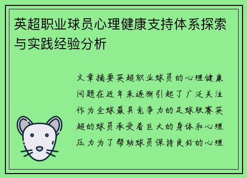 英超职业球员心理健康支持体系探索与实践经验分析