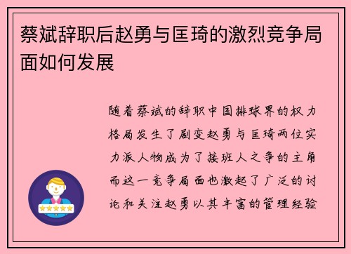 蔡斌辞职后赵勇与匡琦的激烈竞争局面如何发展